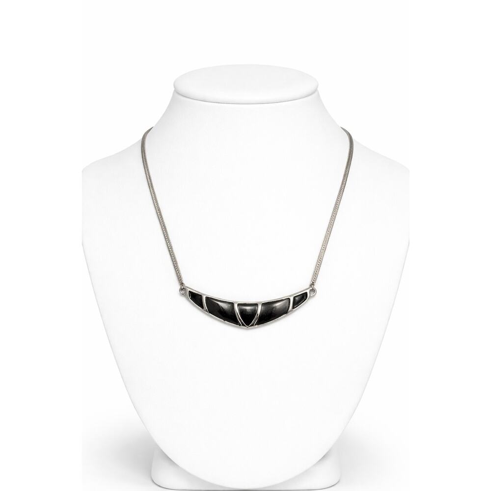 Vintage Gold Tone Black Enamel Curved Bar 19" Necklace Herringbone Unsigned EUC